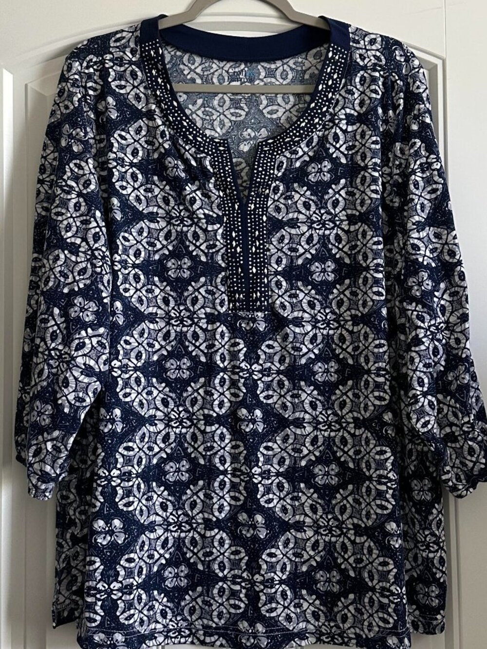 Plus Size Blue & White Patterned Tunic Top with Embellished Neckline 2X